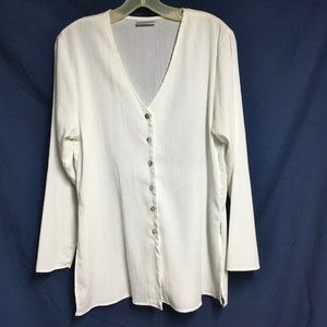 Retro White V Neck Blouse by Weathervane-Sz L-Crepe Like Fabric